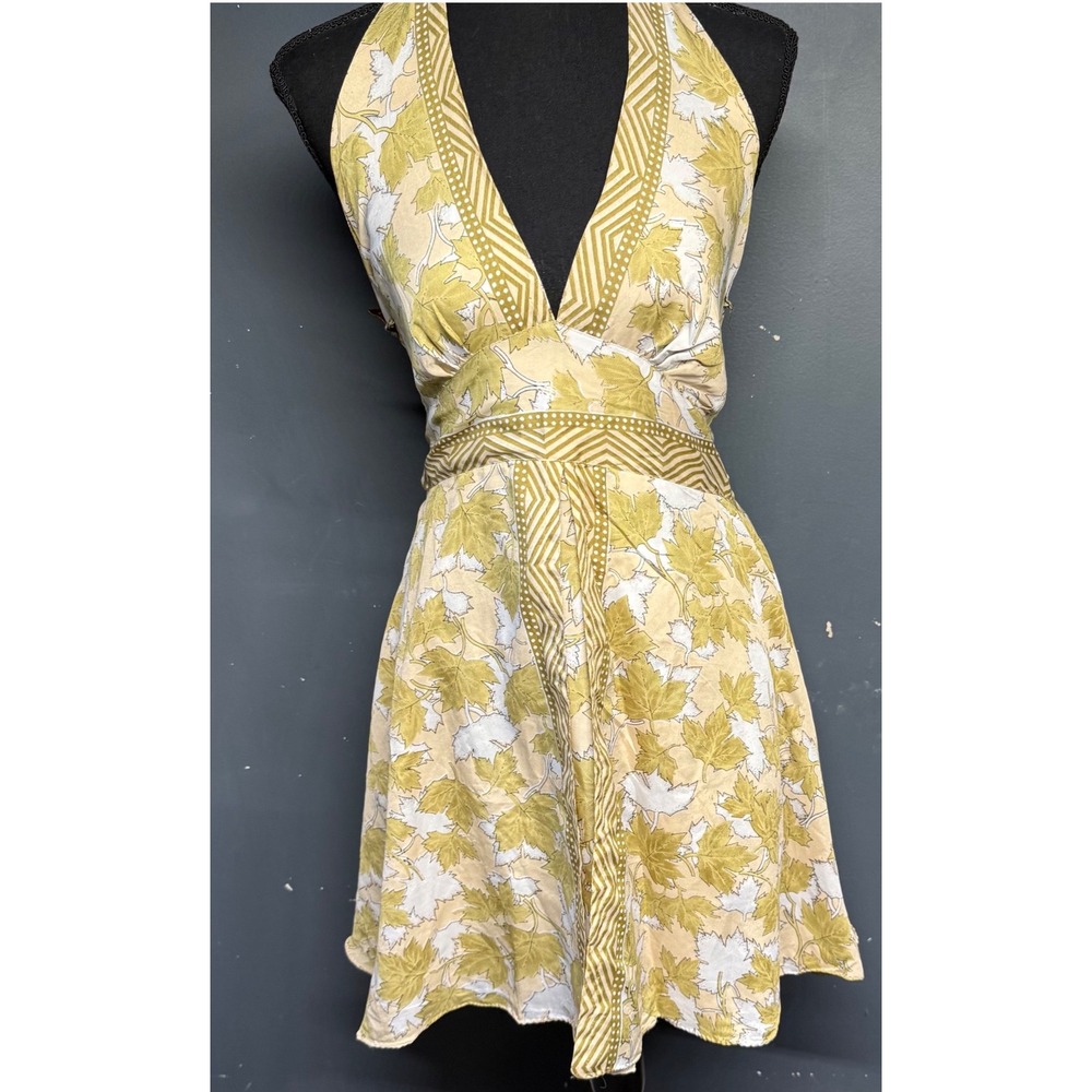Atcha‎ Walla Silk Blend Halter Mini Dress Green Leaf Print Smocked Boho Size S/M